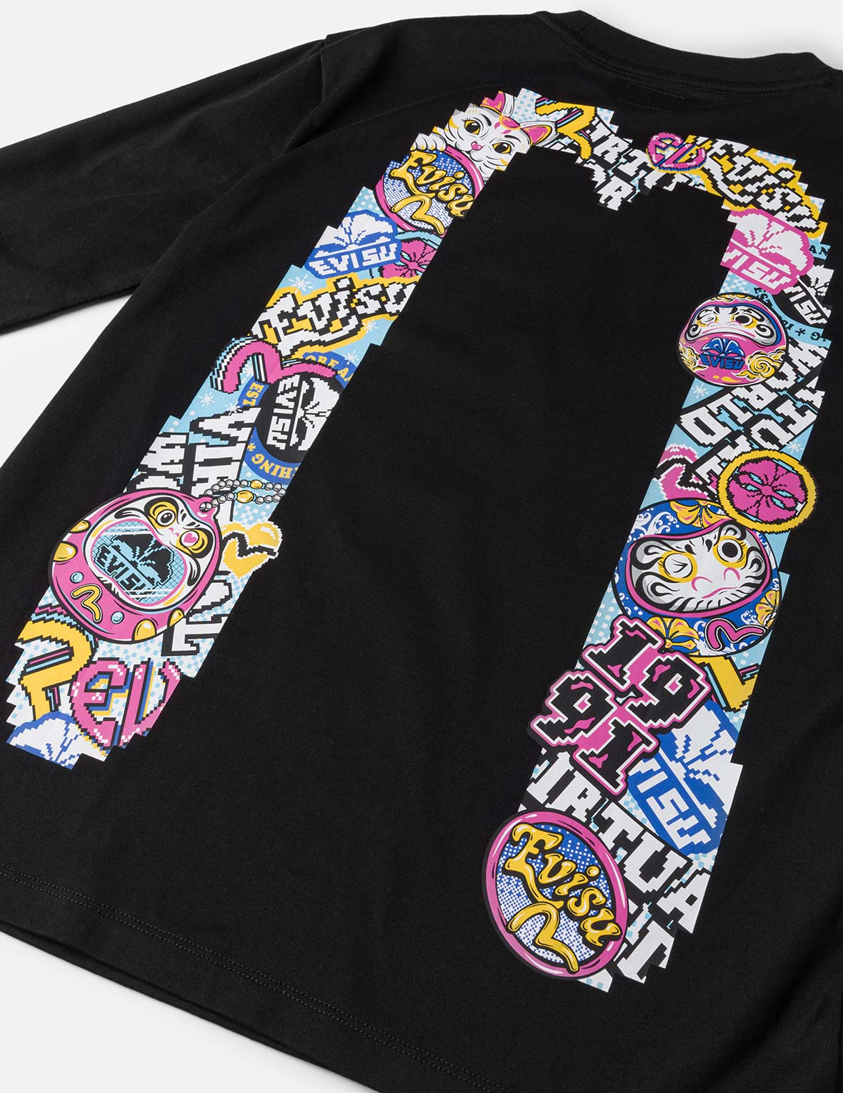 だるまと招き猫ピクセル大黒プリントレギュラーフィットTシャツ