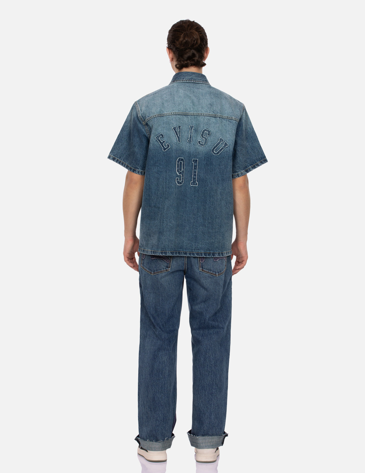 Seagull and Logo Appliqué Embroidery Boxy Denim Short-Sleeves Shirt