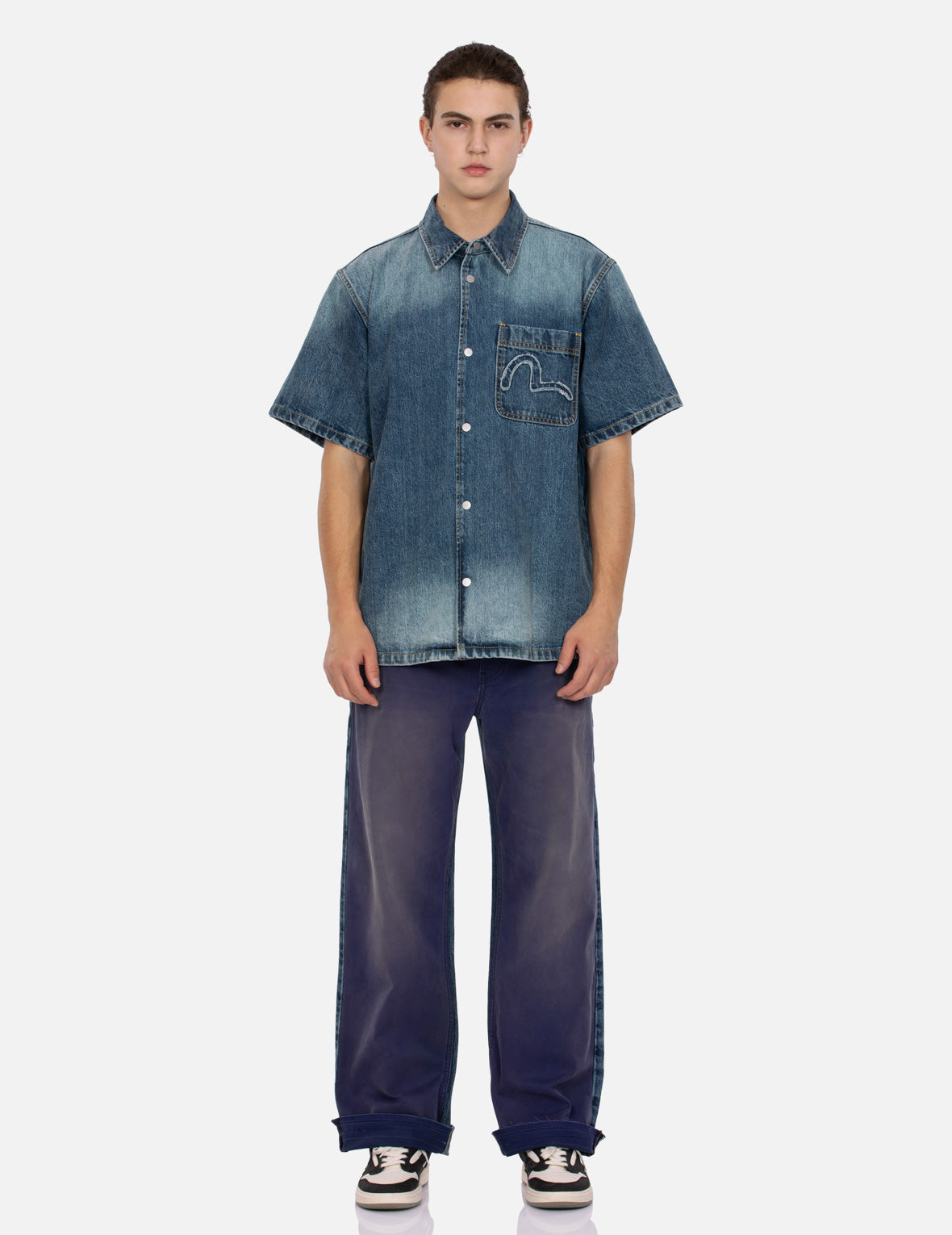 Seagull and Logo Appliqué Embroidery Boxy Denim Short-Sleeves Shirt