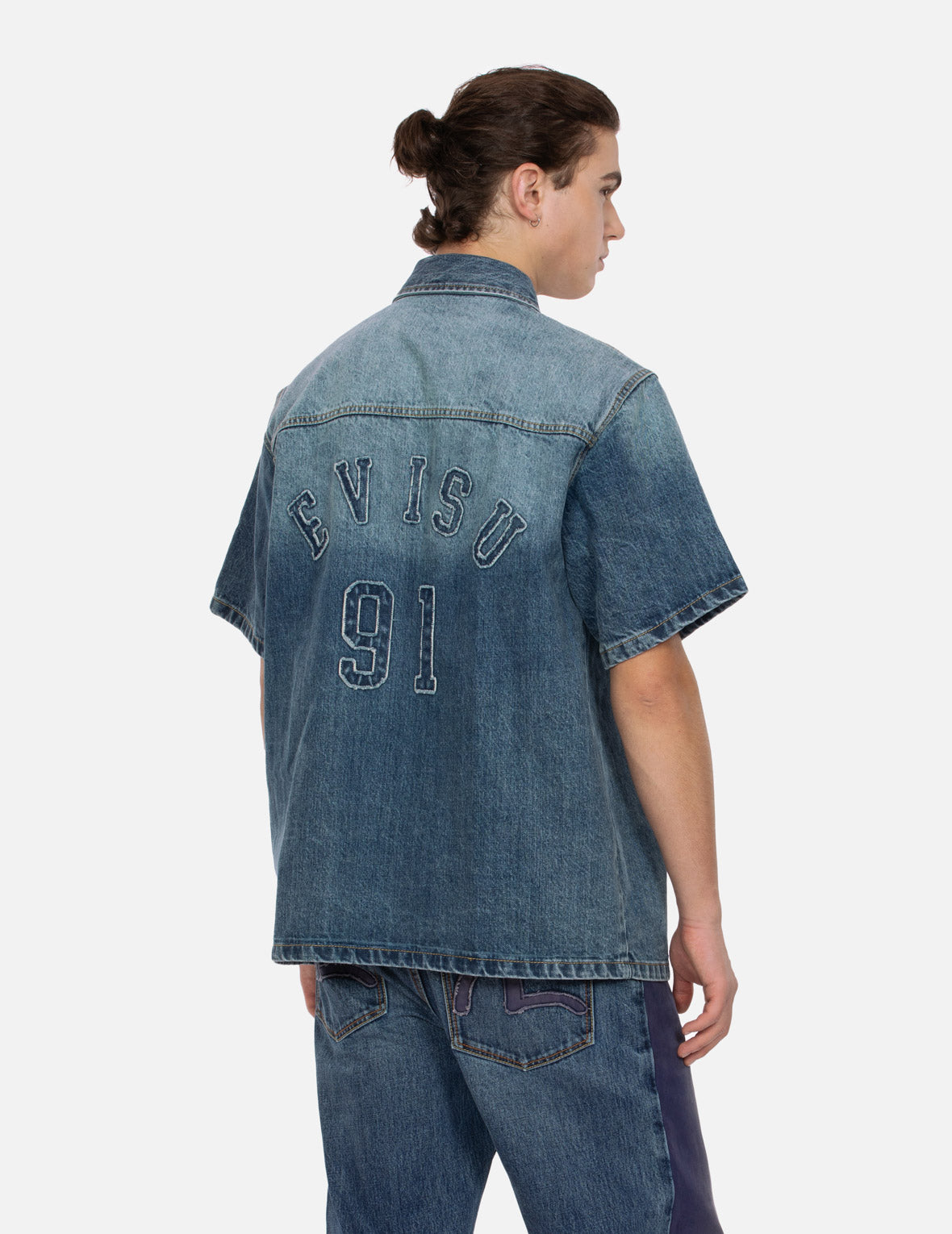 Seagull and Logo Appliqué Embroidery Boxy Denim Short-Sleeves Shirt