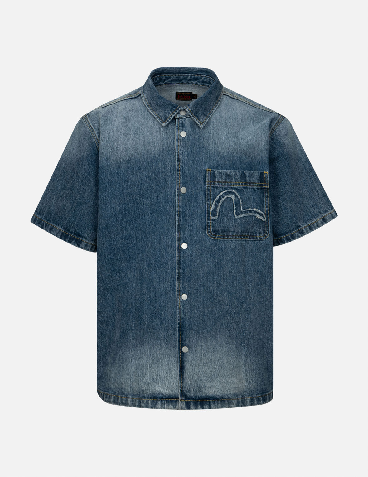 Seagull and Logo Appliqué Embroidery Boxy Denim Short-Sleeves Shirt