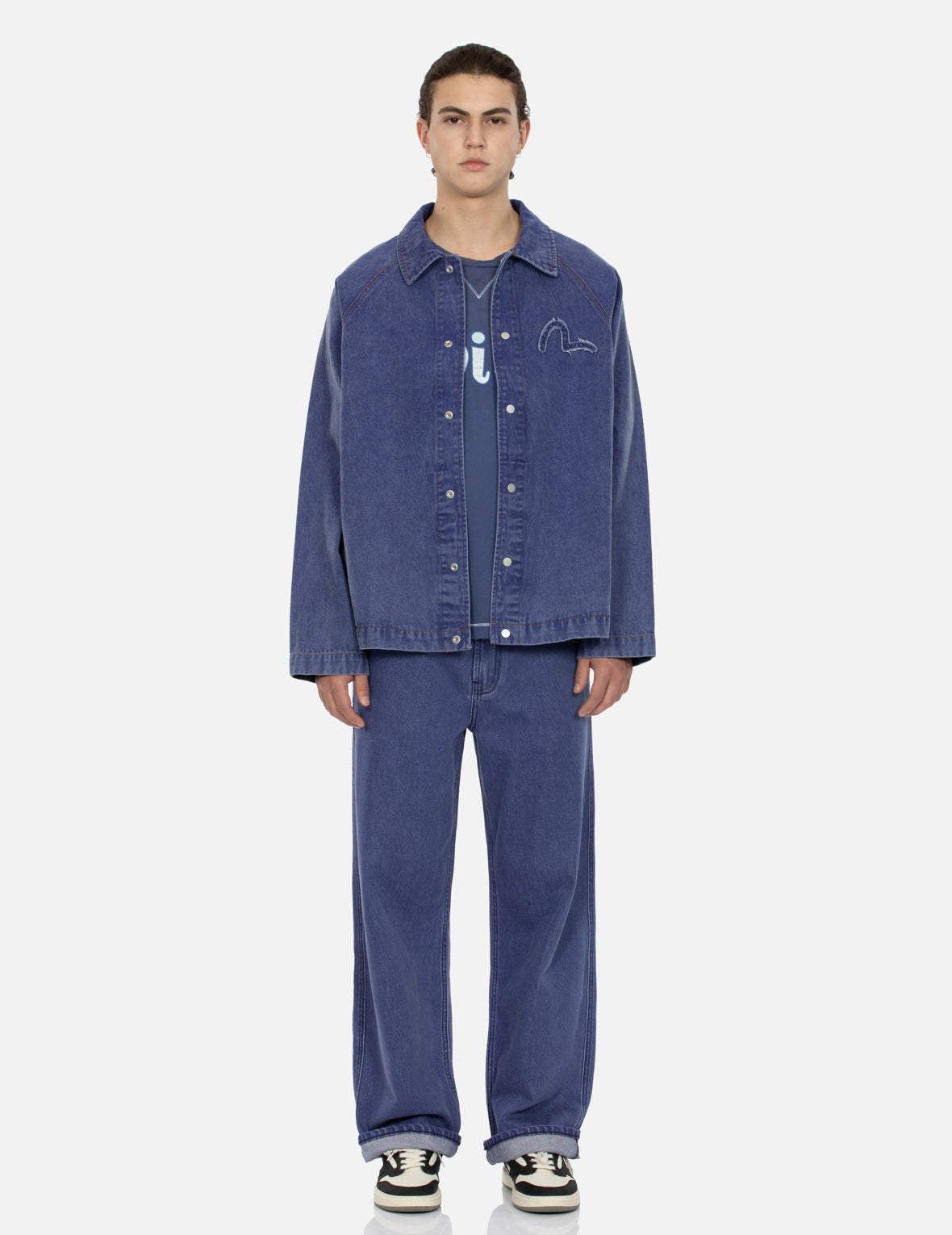 Seagull and Slogan Embroidery Oversized Denim Coach Jacket