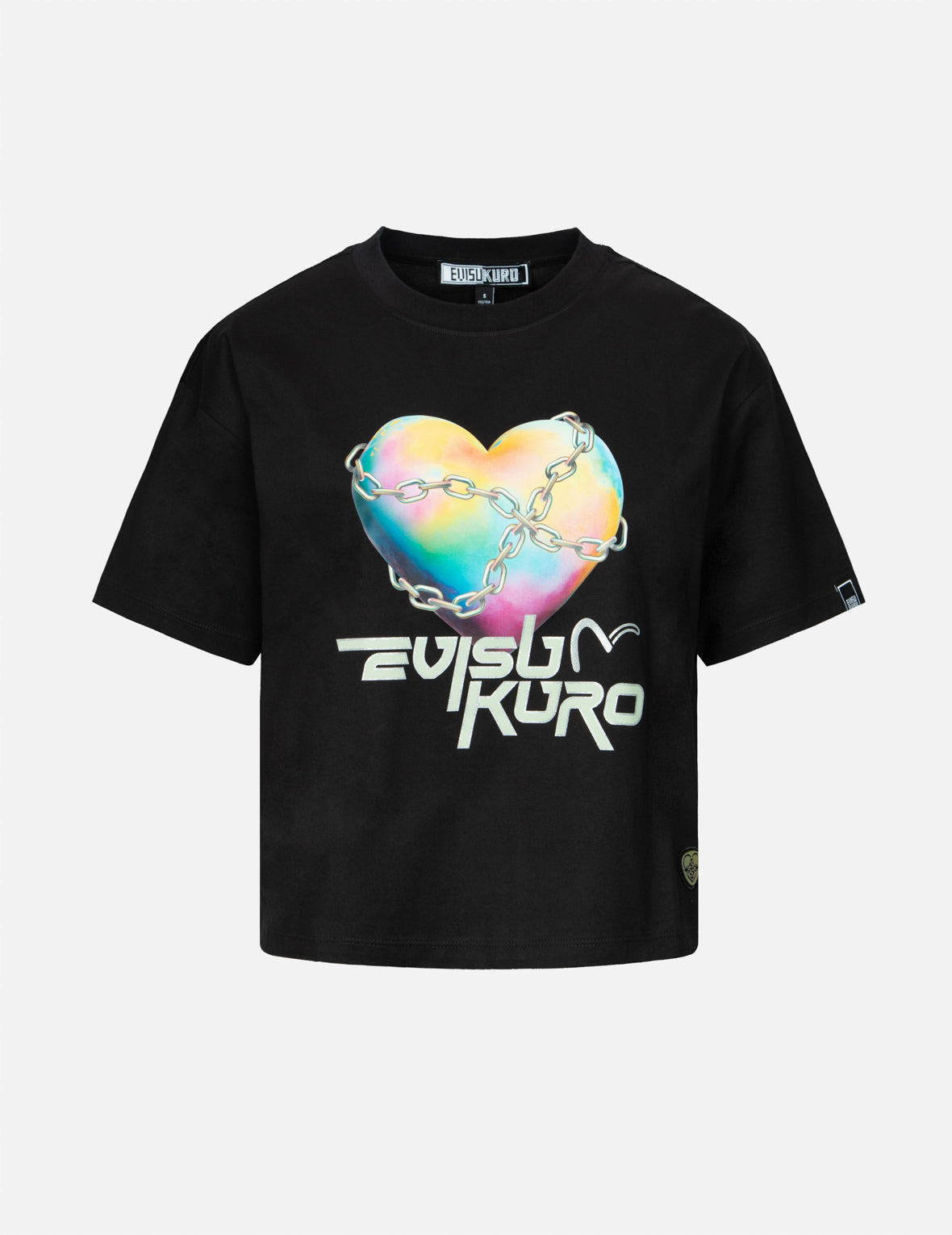 Y2Kホログラフィックハート型地球プリントのルーズフィットTシャツ