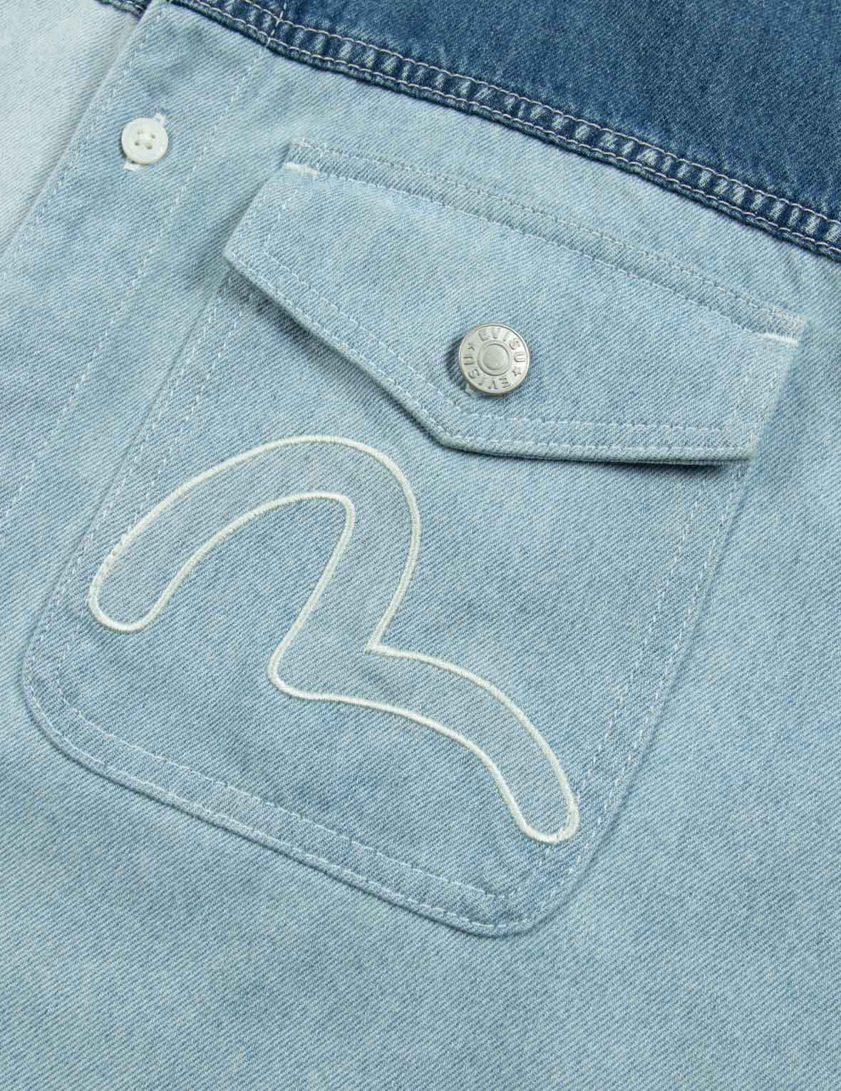 家紋アップリケ生地ブロッキングデニムシャツ