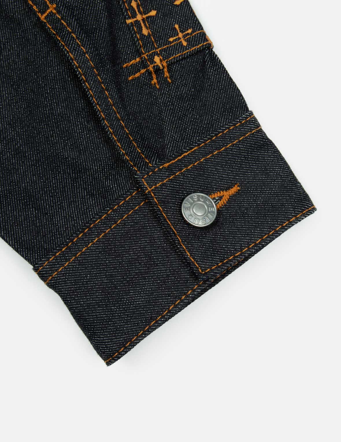 カモメ刺繍とブロケードポケットのリラックスフィットデニムジャケット