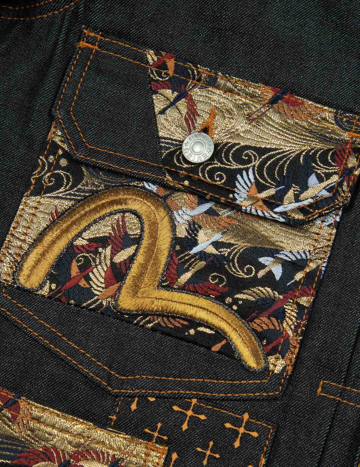 カモメ刺繍とブロケードポケットのリラックスフィットデニムジャケット
