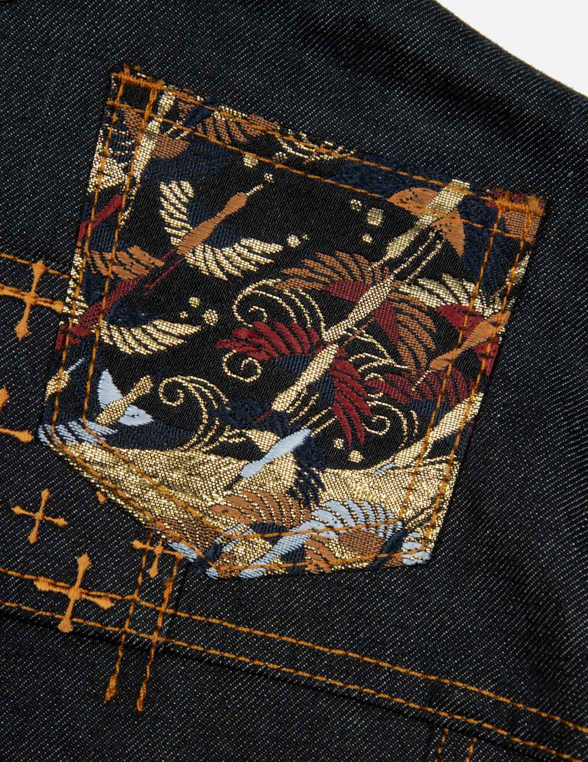 カモメ刺繍とブロケードポケットのリラックスフィットデニムジャケット