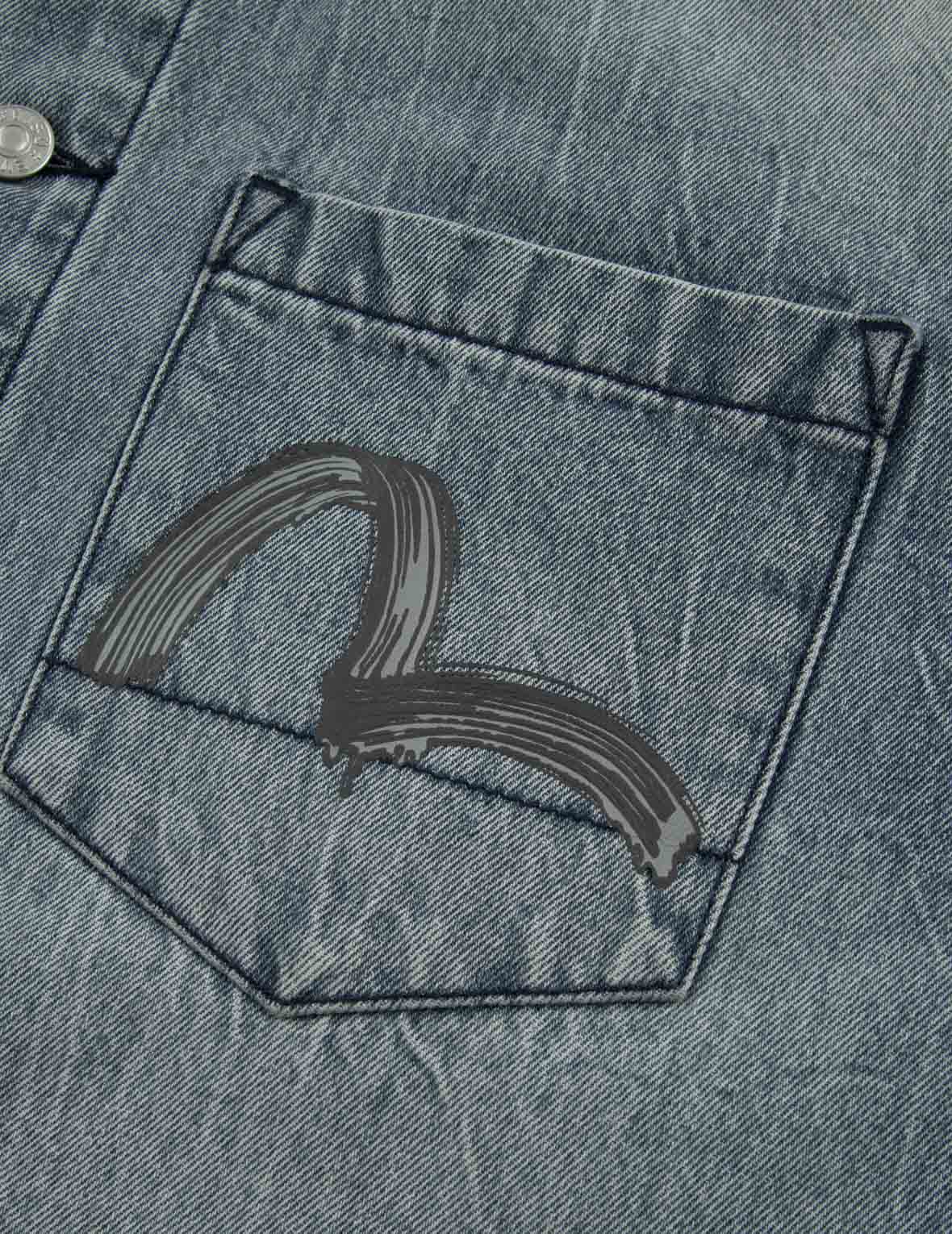 書道ブラシ大黒プリントのレギュラーフィットデニムシャツジャケット