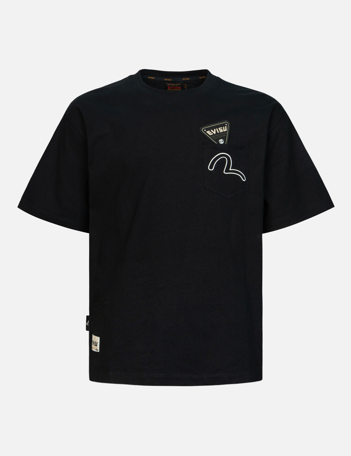 カモメと積み重ねられたバッジプリントの大黒のリラックスフィットTシャツ