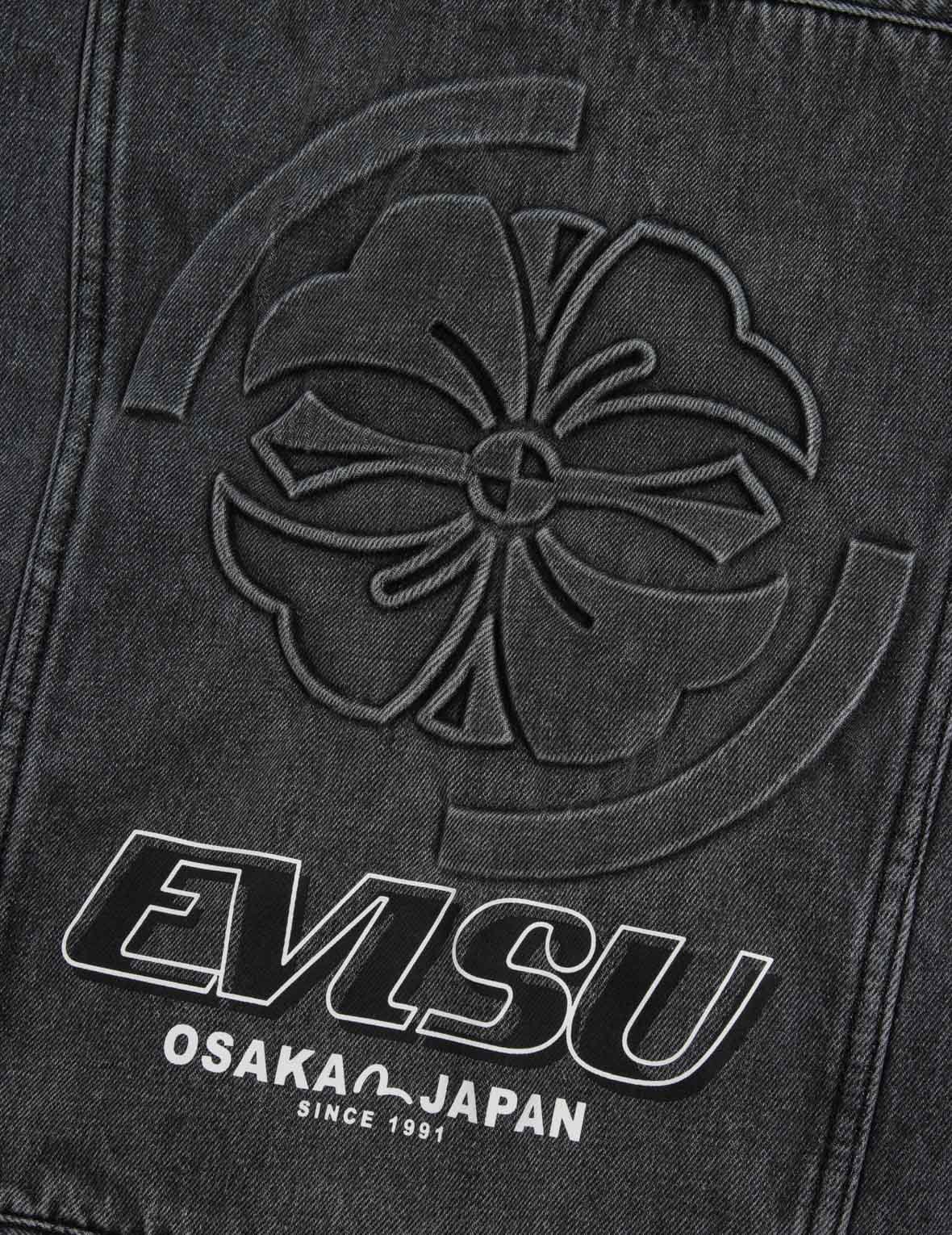 カモメ刺繍と家紋エンボスプリントのルーズフィットデニムジャケット