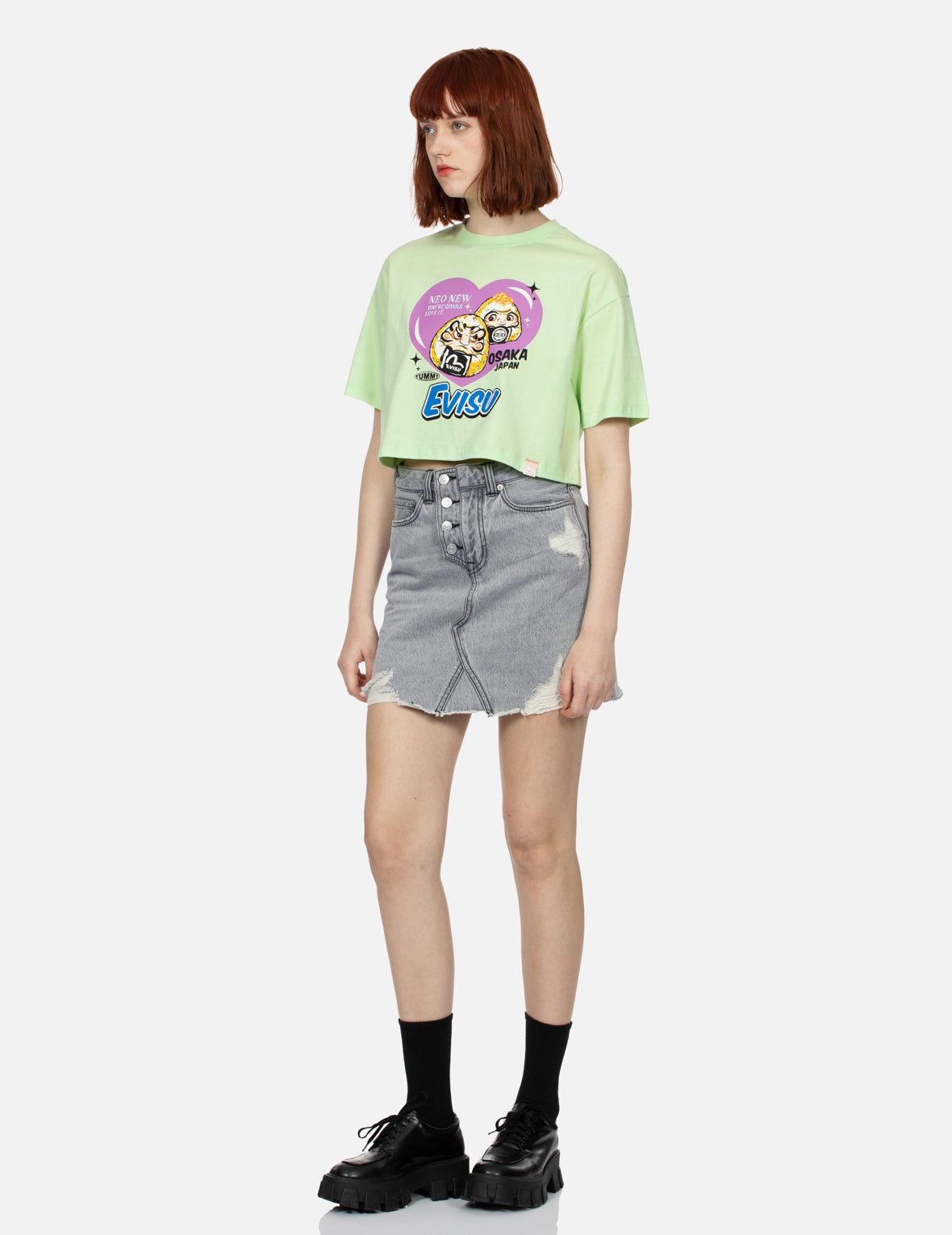 おにぎり だるまとハート プリント クロップド Tシャツ