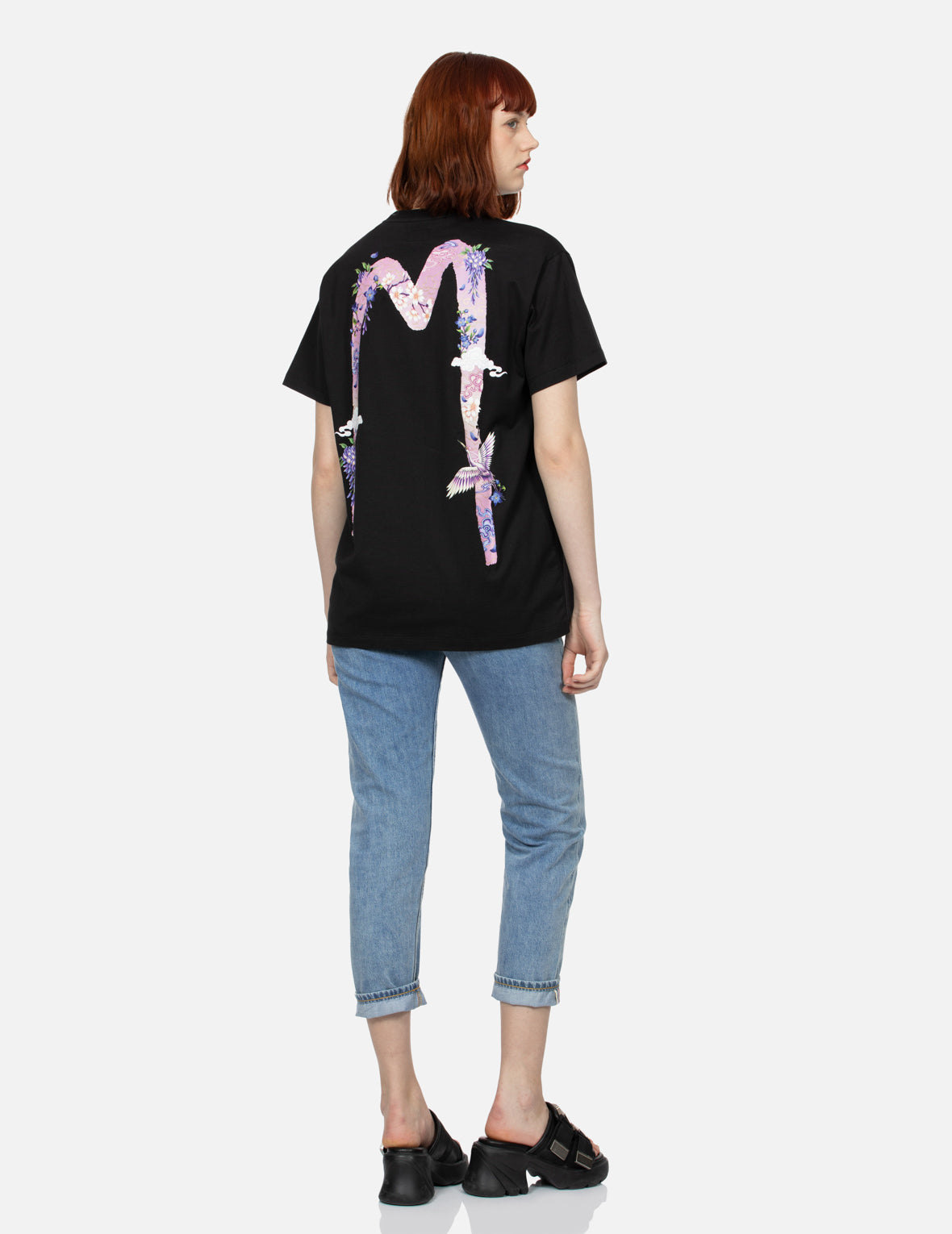 鶴と藤の花大黒ボーイフレンドTシャツ