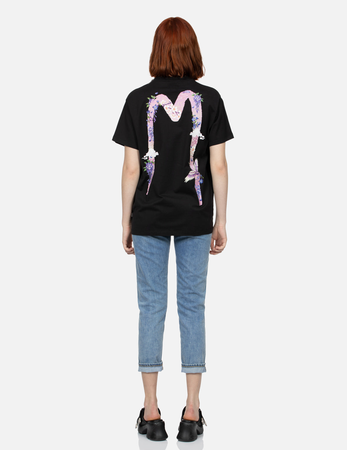 鶴と藤の花大黒ボーイフレンドTシャツ
