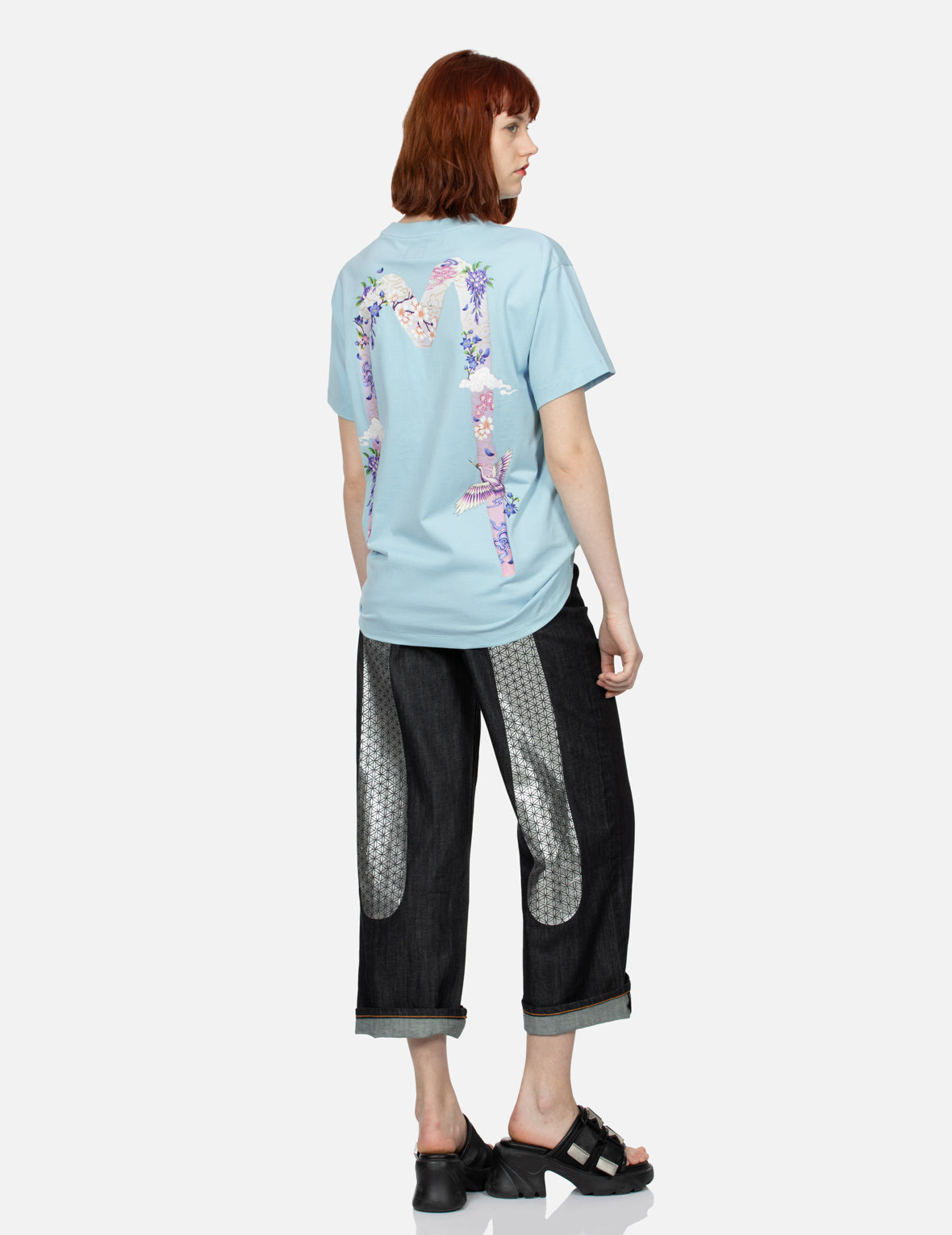 鶴と藤の花大黒ボーイフレンドTシャツ