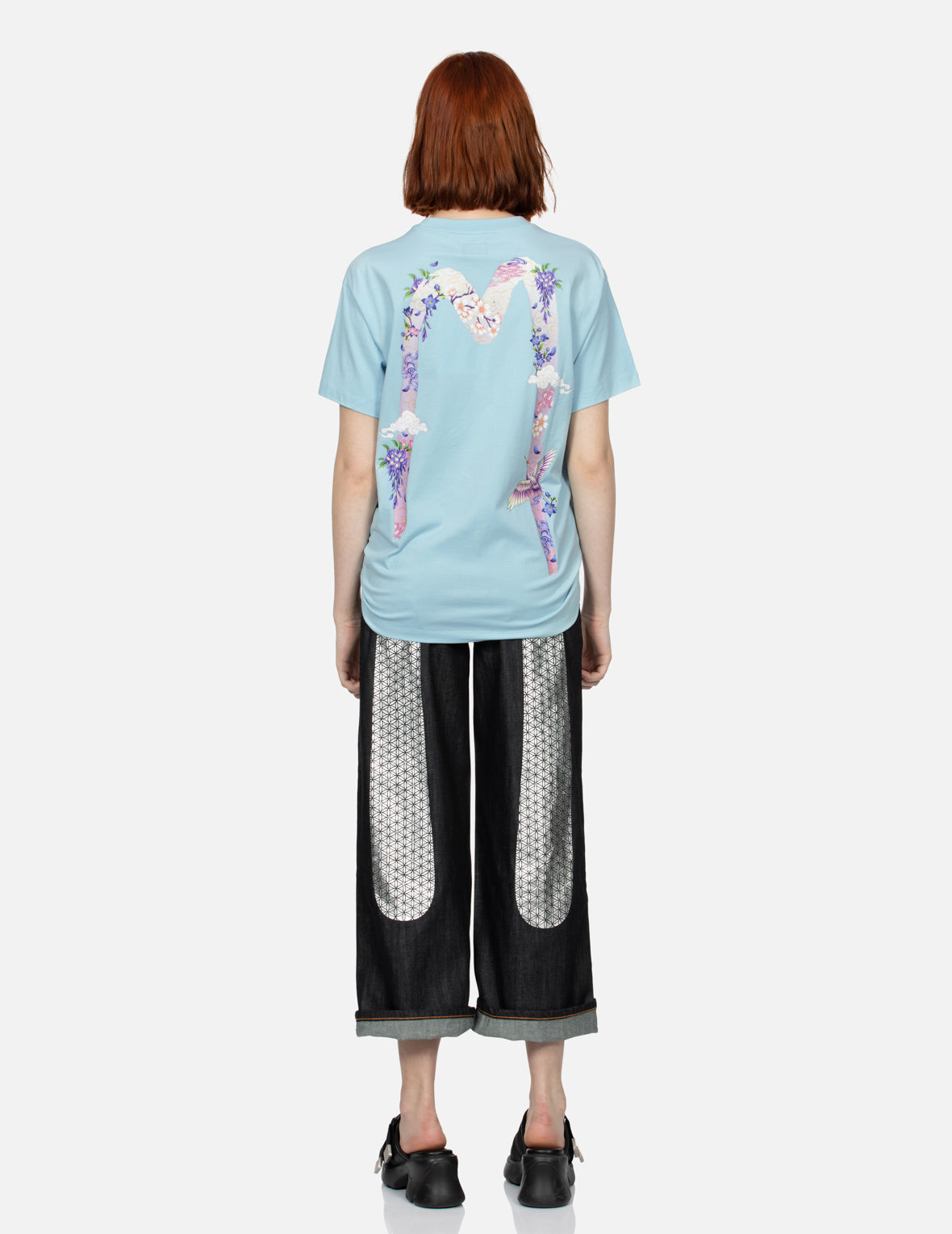 鶴と藤の花大黒ボーイフレンドTシャツ