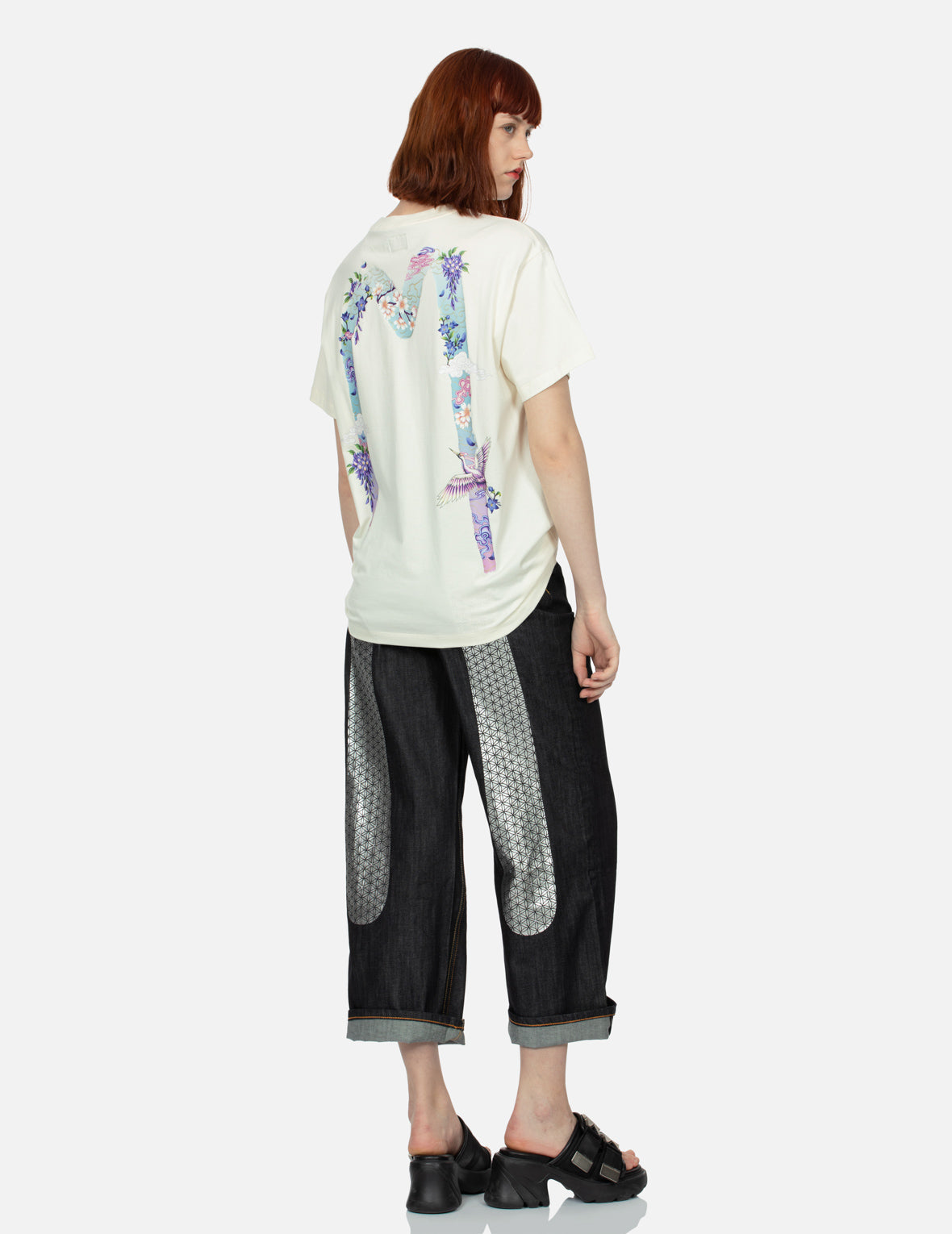 鶴と藤の花大黒ボーイフレンドTシャツ