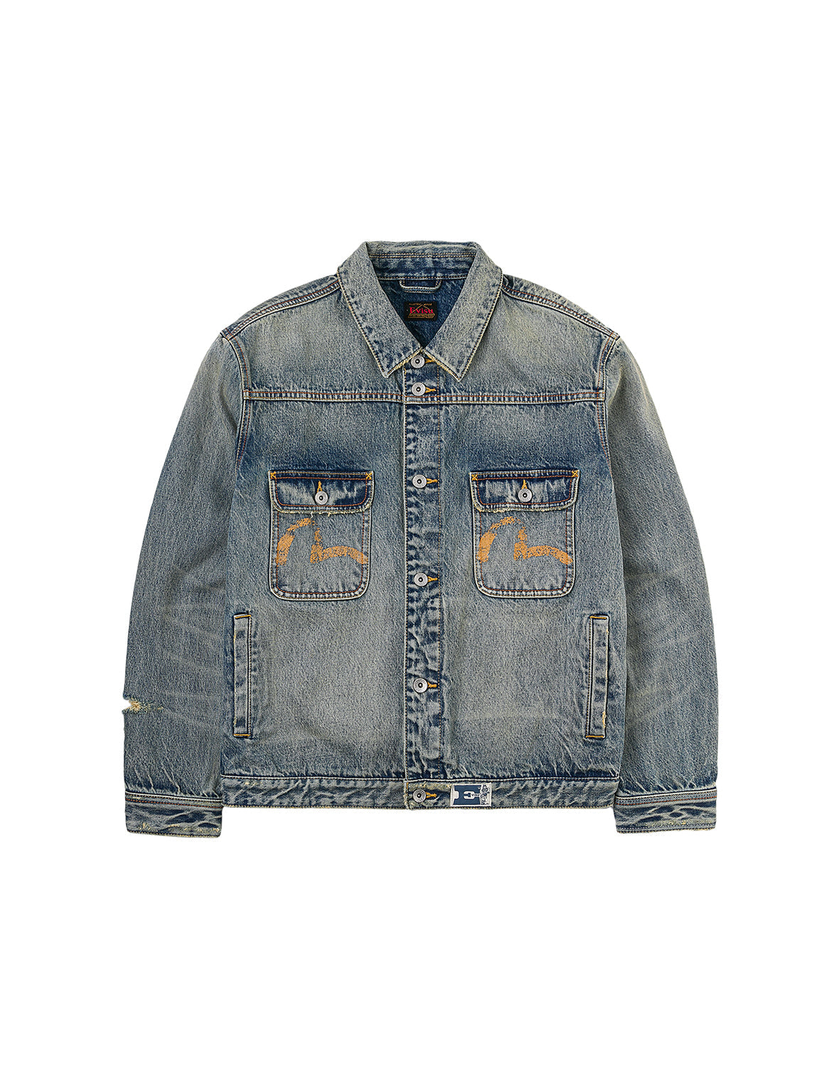 ディストレスドカモメプリントとほつれロゴパッチ刺繍 リラックスフィット デニムジャケット
