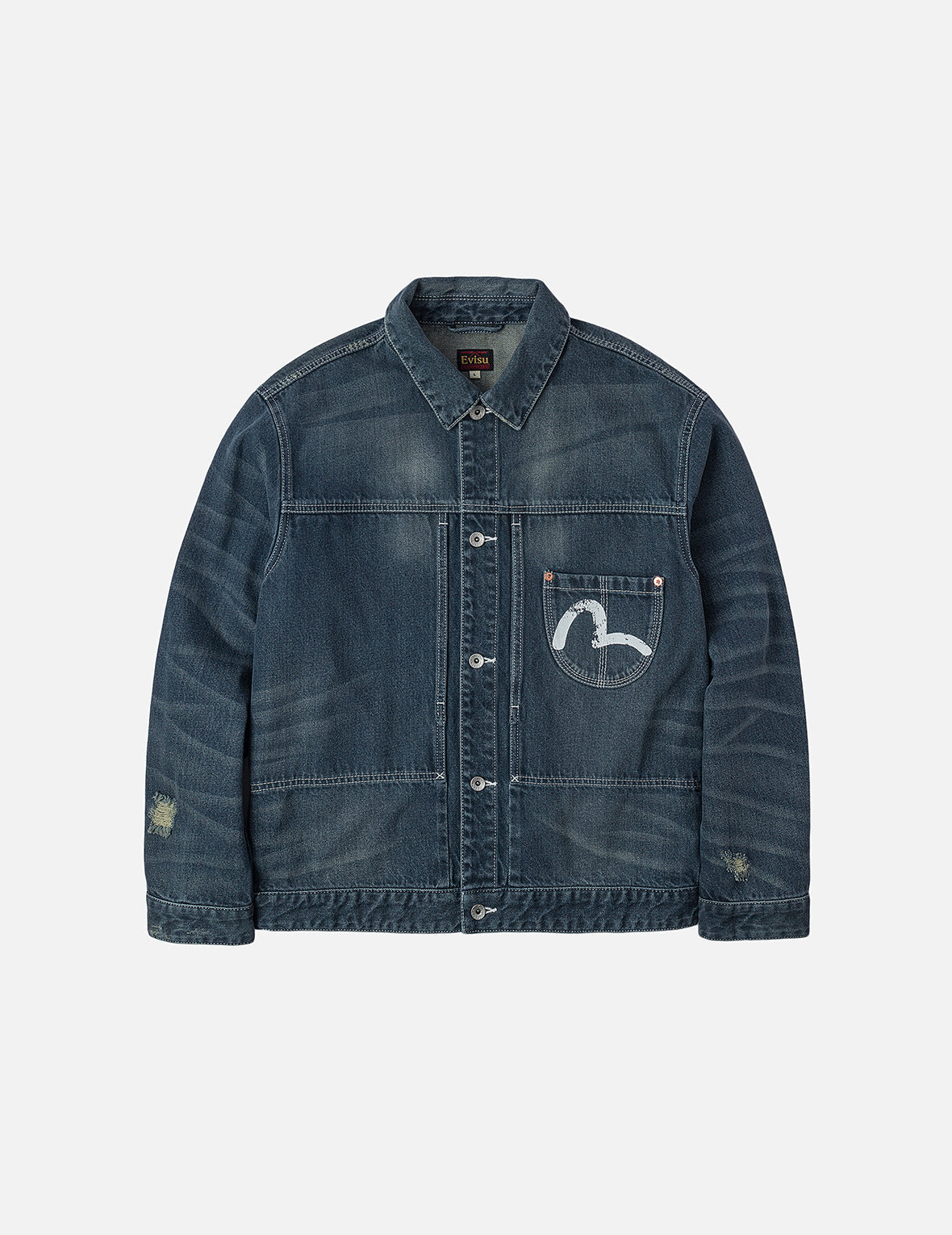 ディストレスドカモメプリント リラックスフィット ウォッシュドデニム