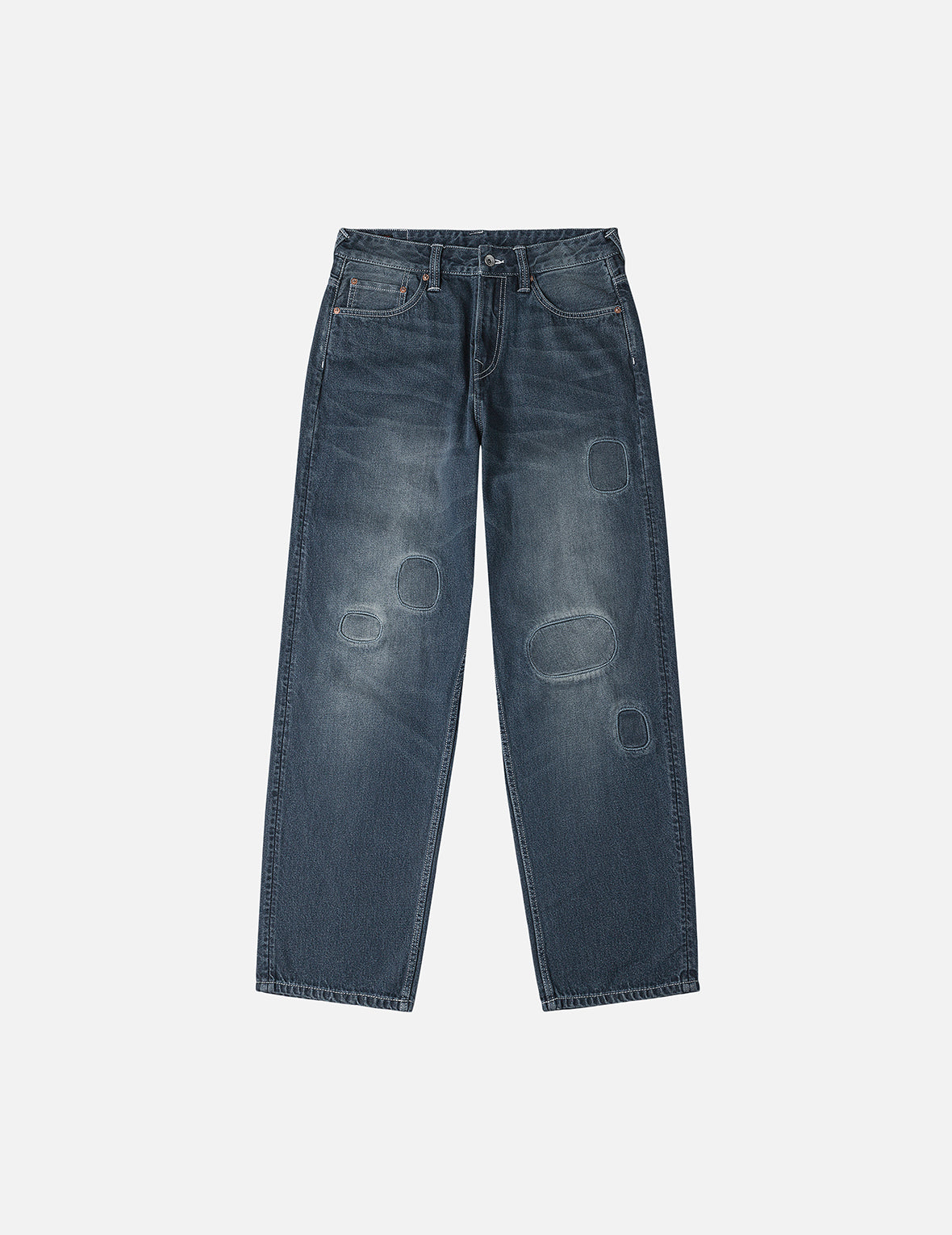 不規則パッチ付きディストレスドカモメプリント ルーズフィット デニムジーンズ