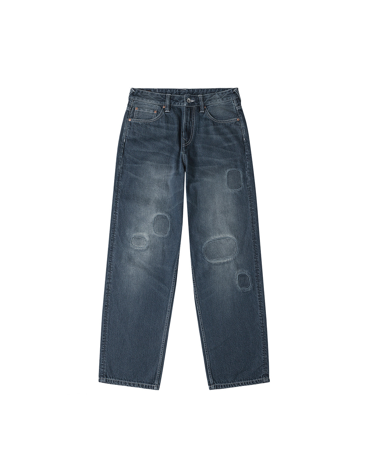 不規則パッチ付きディストレスドカモメプリント ルーズフィット デニムジーンズ