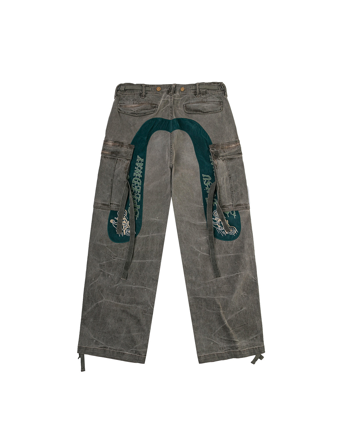 ウォッシュ大黒刺繍ワイドレッグカーゴジーンズ