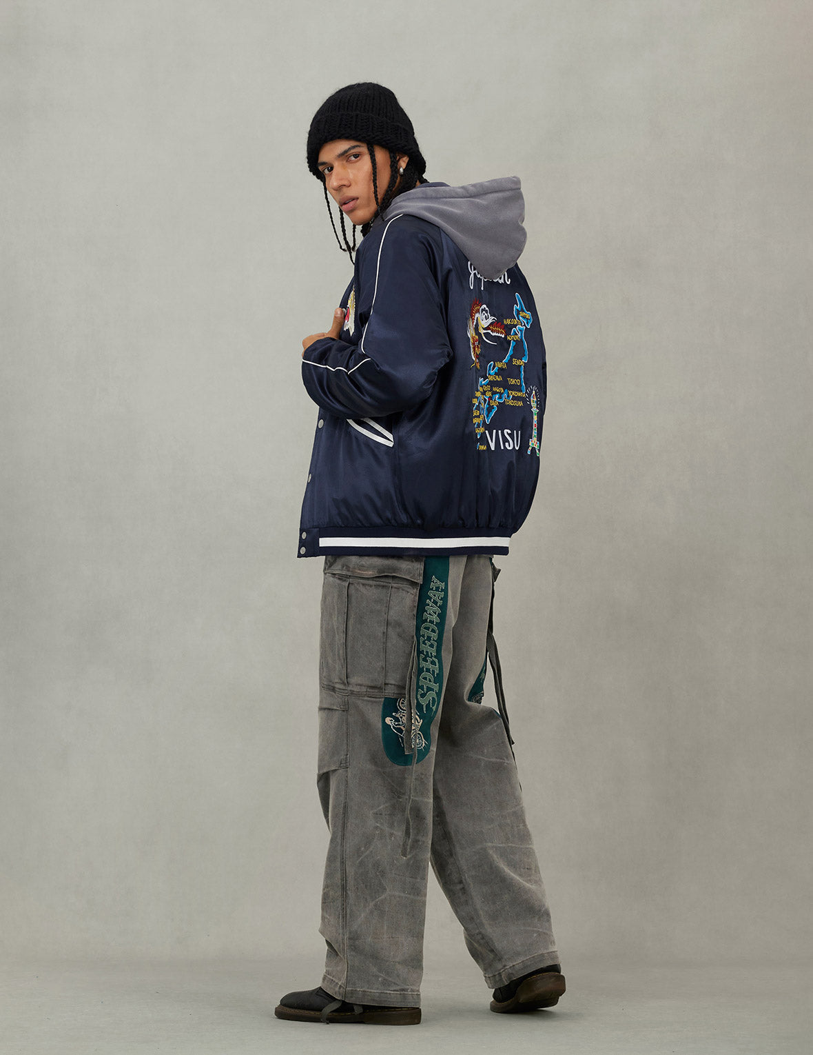 EVISU スカジャン ブラック グリーン ホワイト　Ｌ EVISU スカジャン ブラック グリーン ホワイト L