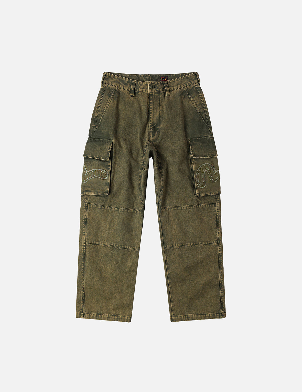 ディストレスドカモメアップリケ刺繍とマルチポケット ルーズフィット カーゴパンツ