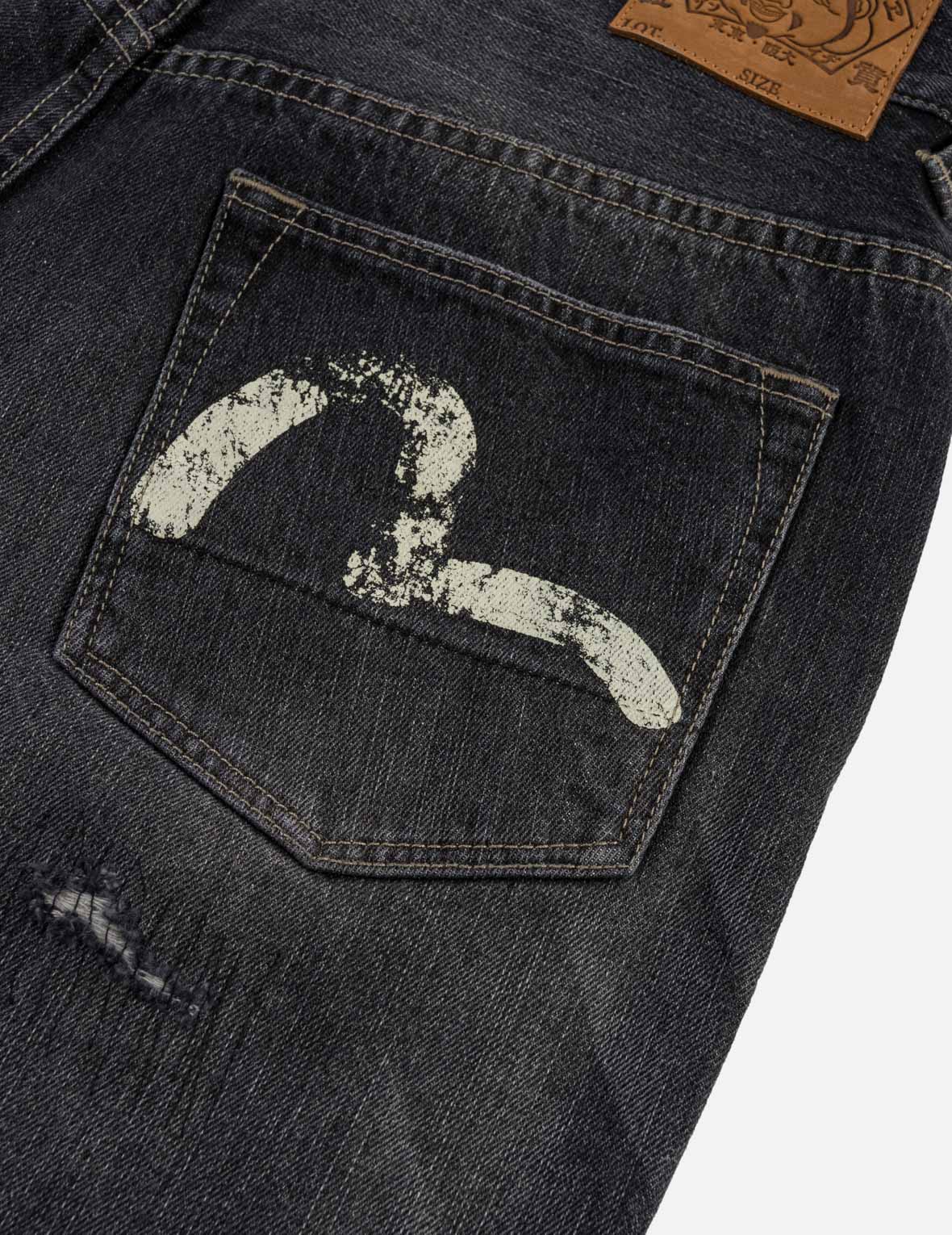 ダメージ加工 漢字「戎」プリントジーンズ