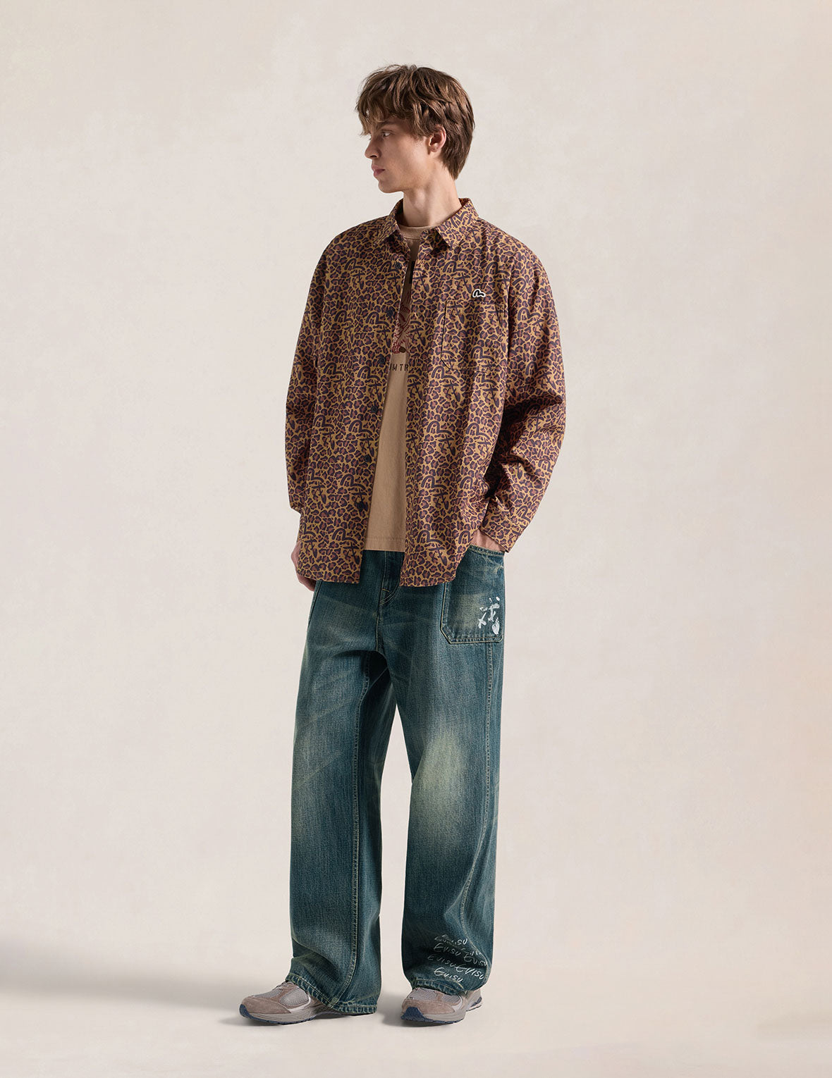 Dark Green Washed Graphic Loose Fit Jeans