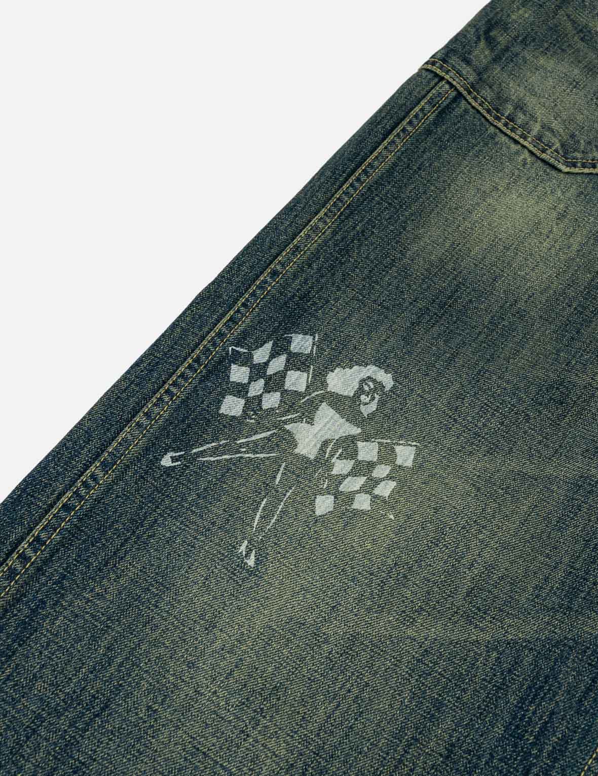 Dark Green Washed Graphic Loose Fit Jeans