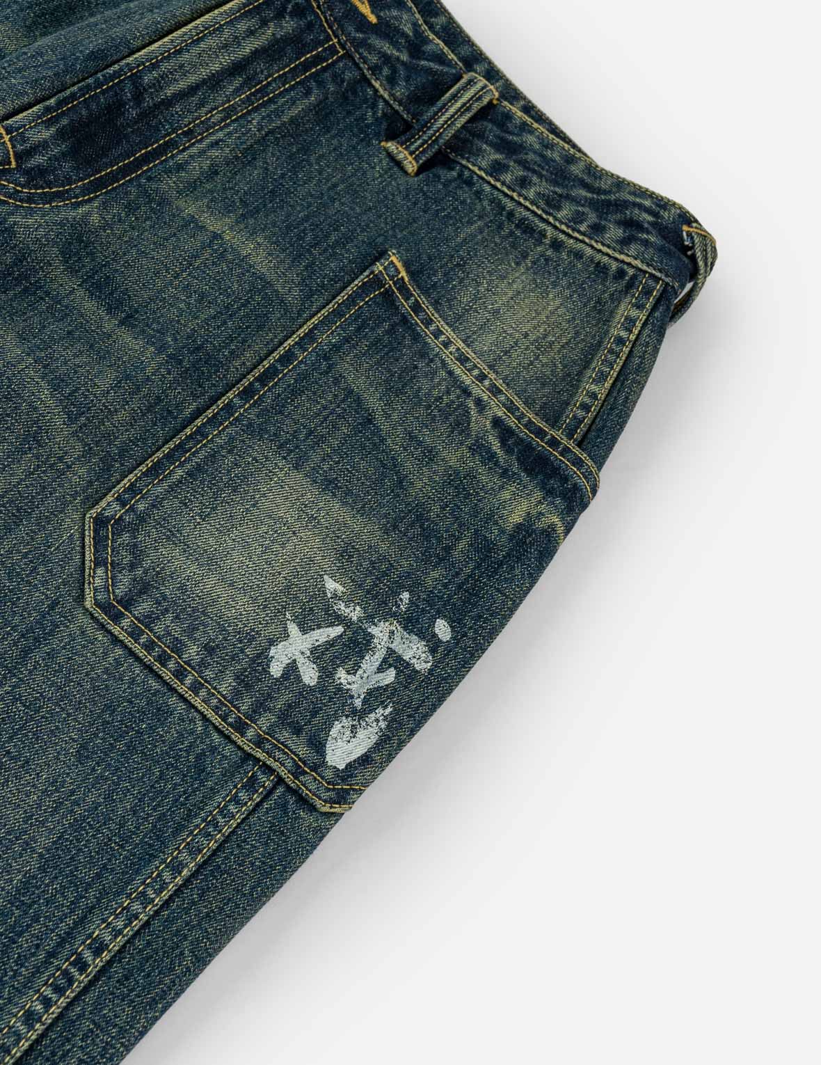Dark Green Washed Graphic Loose Fit Jeans