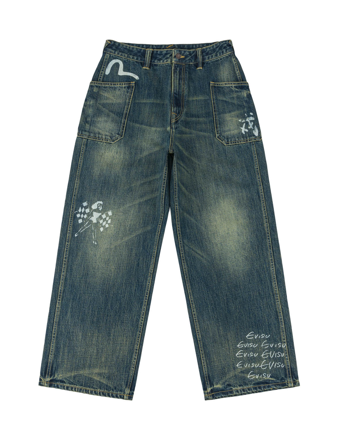 Dark Green Washed Graphic Loose Fit Jeans
