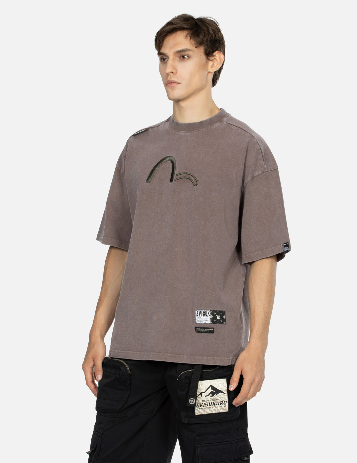 Seagull and Logo Embroidery Pigment Dyed Oversized T-shirt