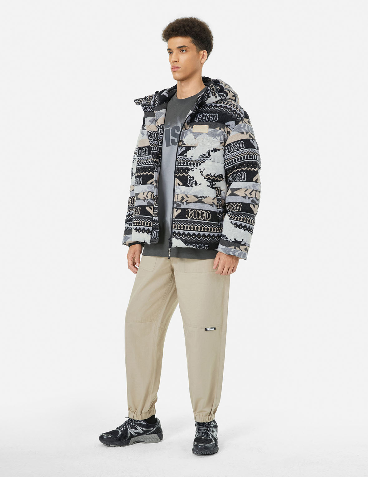 Allover Kamon Intarsia Oversized Down Jacket