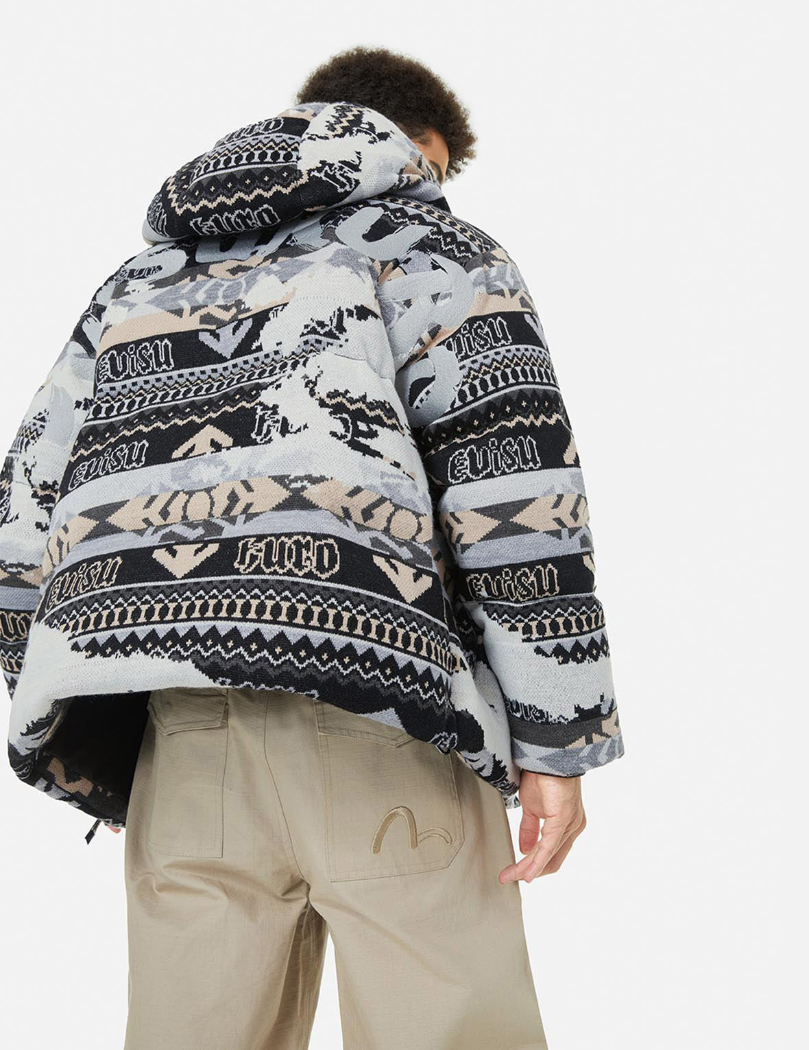 Allover Kamon Intarsia Oversized Down Jacket