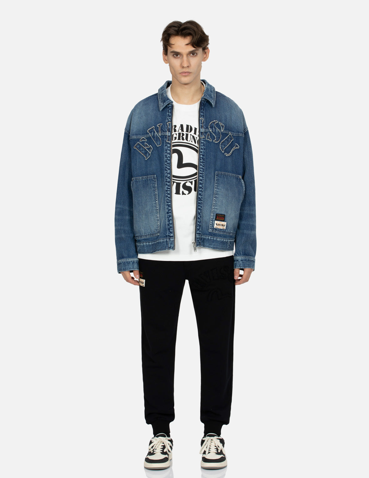 Grunge Style Logo and Seagull Appliqué Loose Fit Denim Jacket