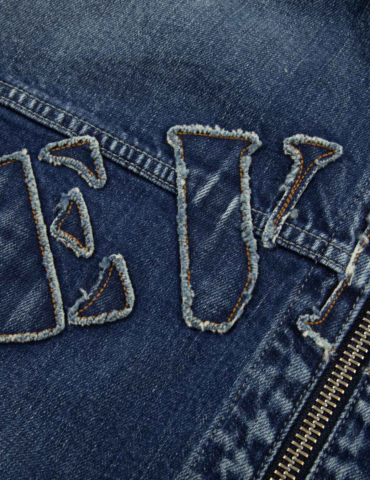 Grunge Style Logo and Seagull Appliqué Loose Fit Denim Jacket