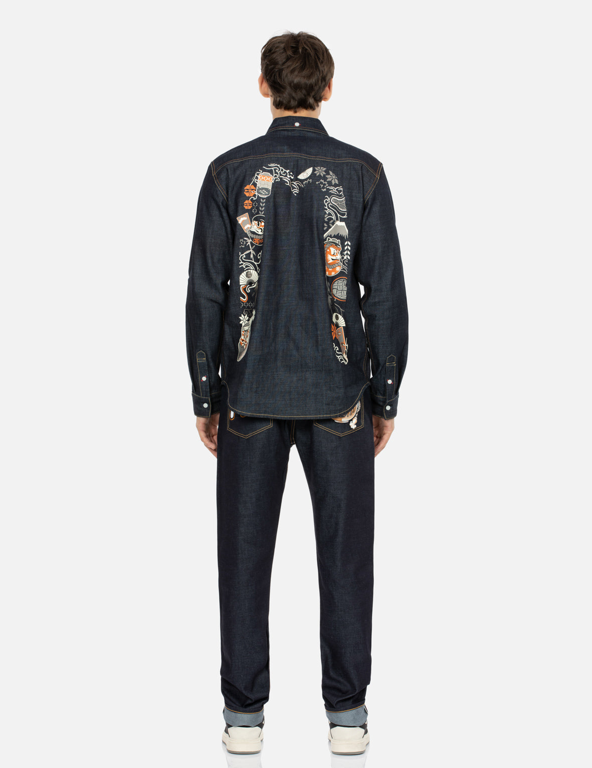 Kumadori Daruma Daicock Print Regular Fit Denim Shirt