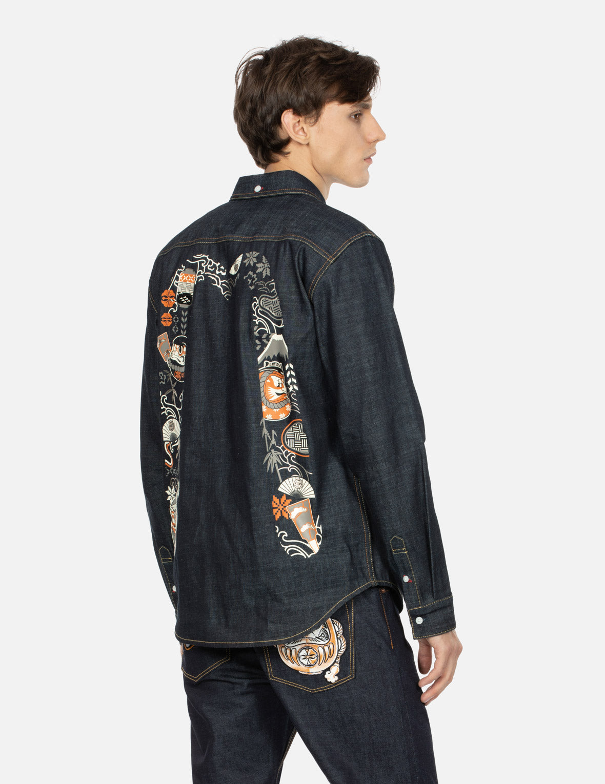 Kumadori Daruma Daicock Print Regular Fit Denim Shirt