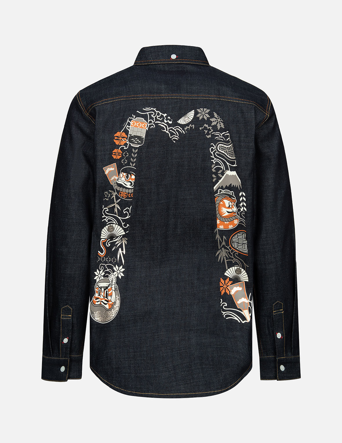 Kumadori Daruma Daicock Print Regular Fit Denim Shirt