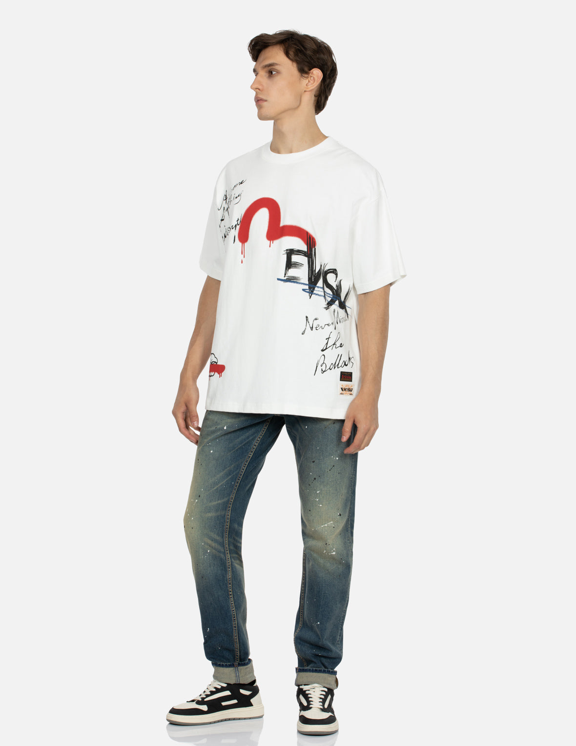 Graffiti Seagull and Text Print Loose Fit T-shirt