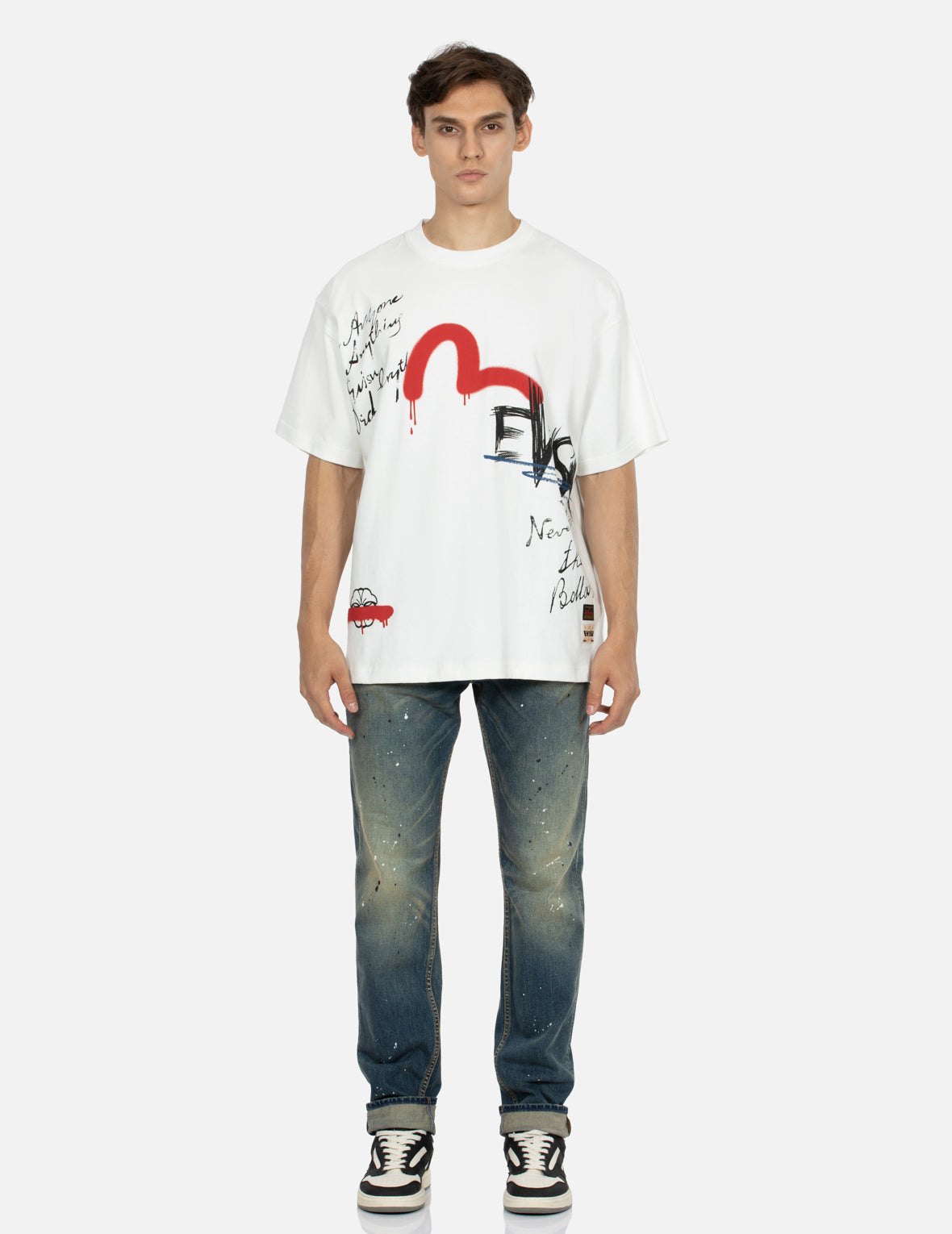 Graffiti Seagull and Text Print Loose Fit T-shirt