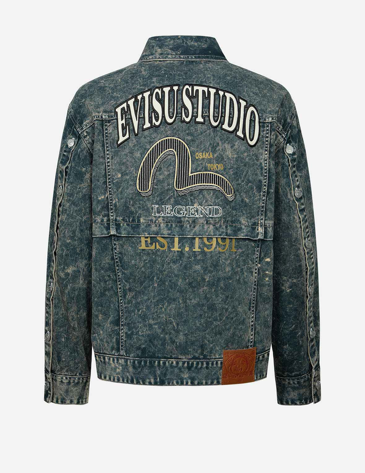 マルチプリントと刺繍アシッドウォッシュファッションフィットデニムジャケット – EVISU