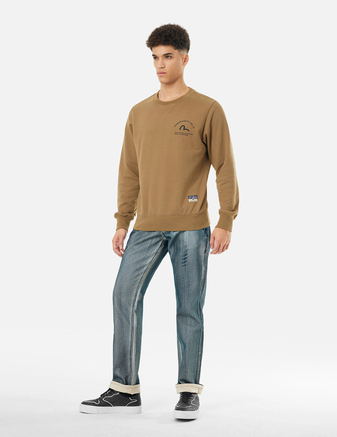 Kamon and Seagull Appliqué with Rubbing Print Regular Straight Fit Jeans #2008