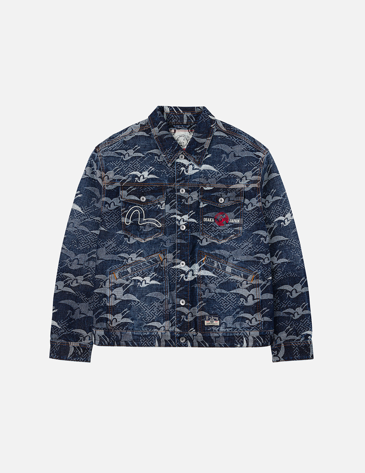 Allover Seagull Cranes Jacquard Loose Fit Denim Jacket