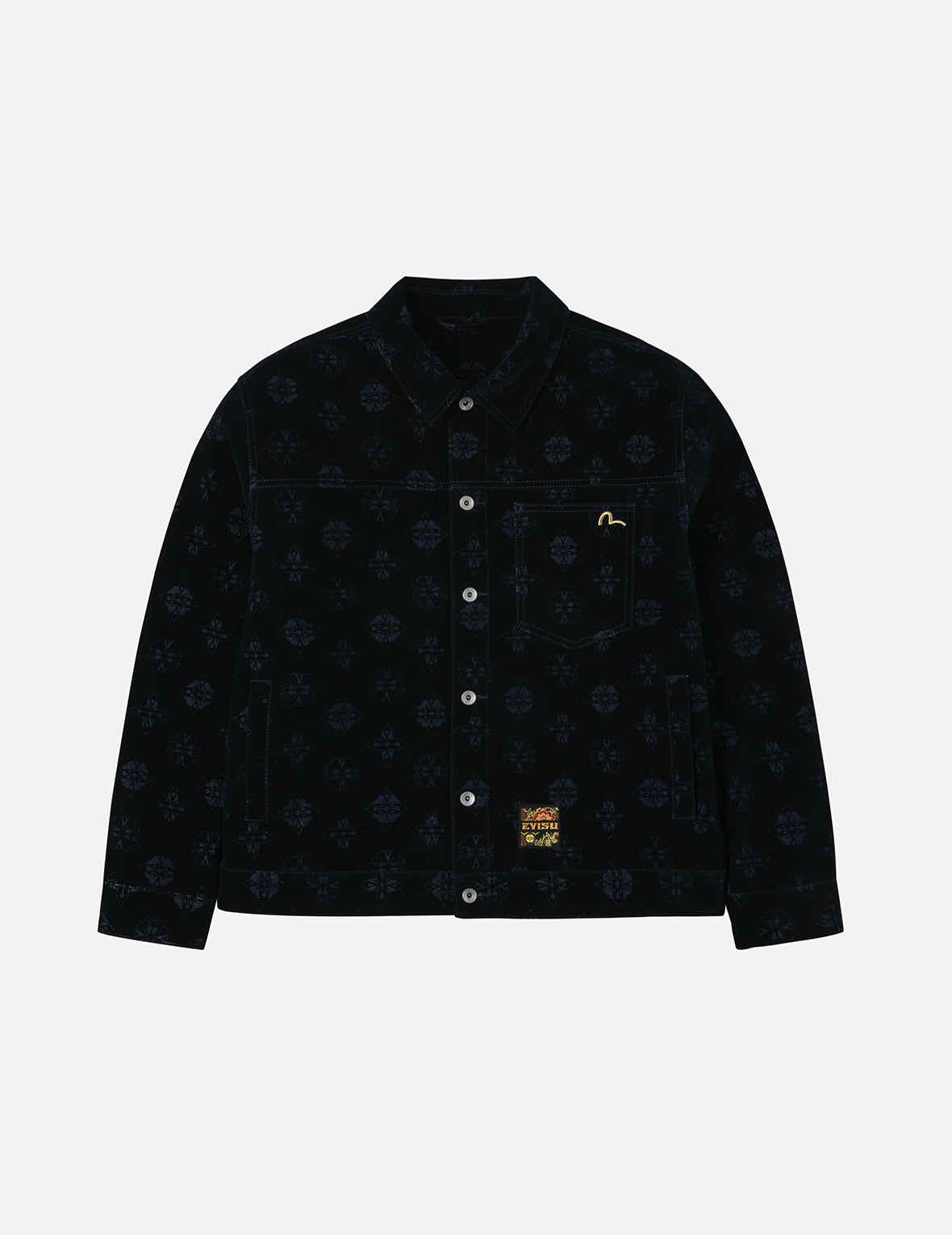 オールオーバー家紋フロックプリント リラックスフィット デニムジャケット