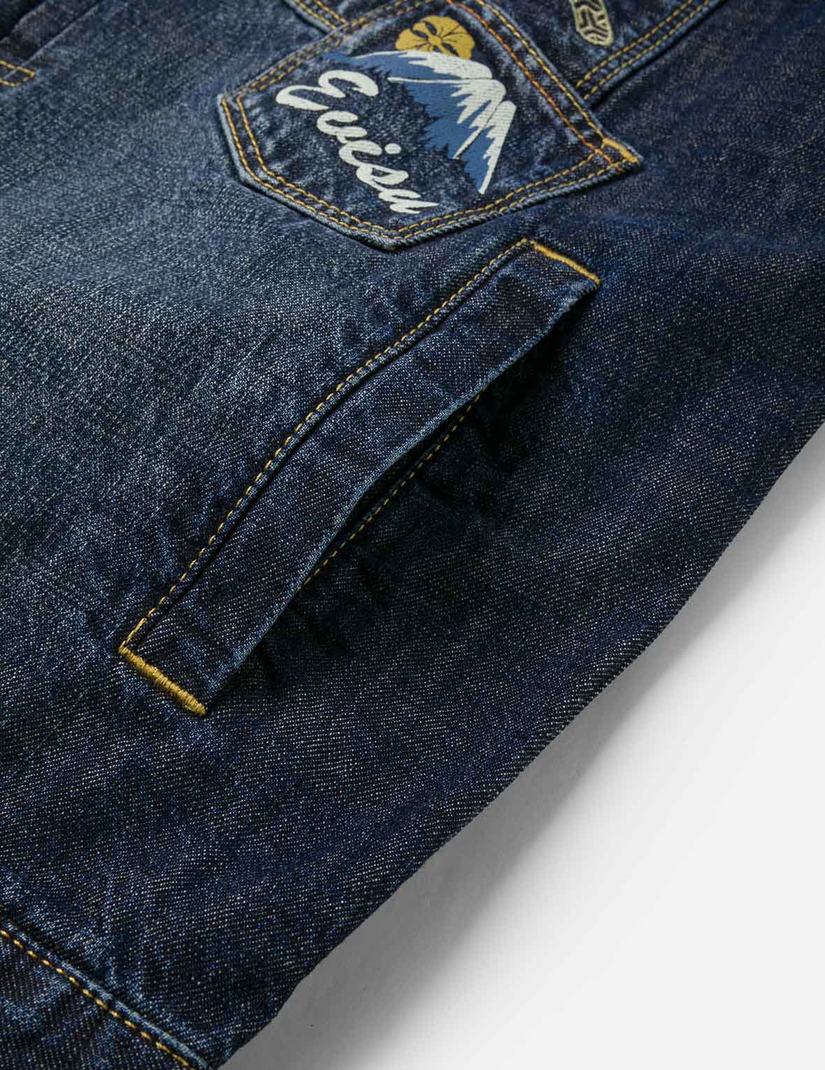 ウォッシュドマルチポケットと獅子舞プリント リラックスフィット デニムジャケット