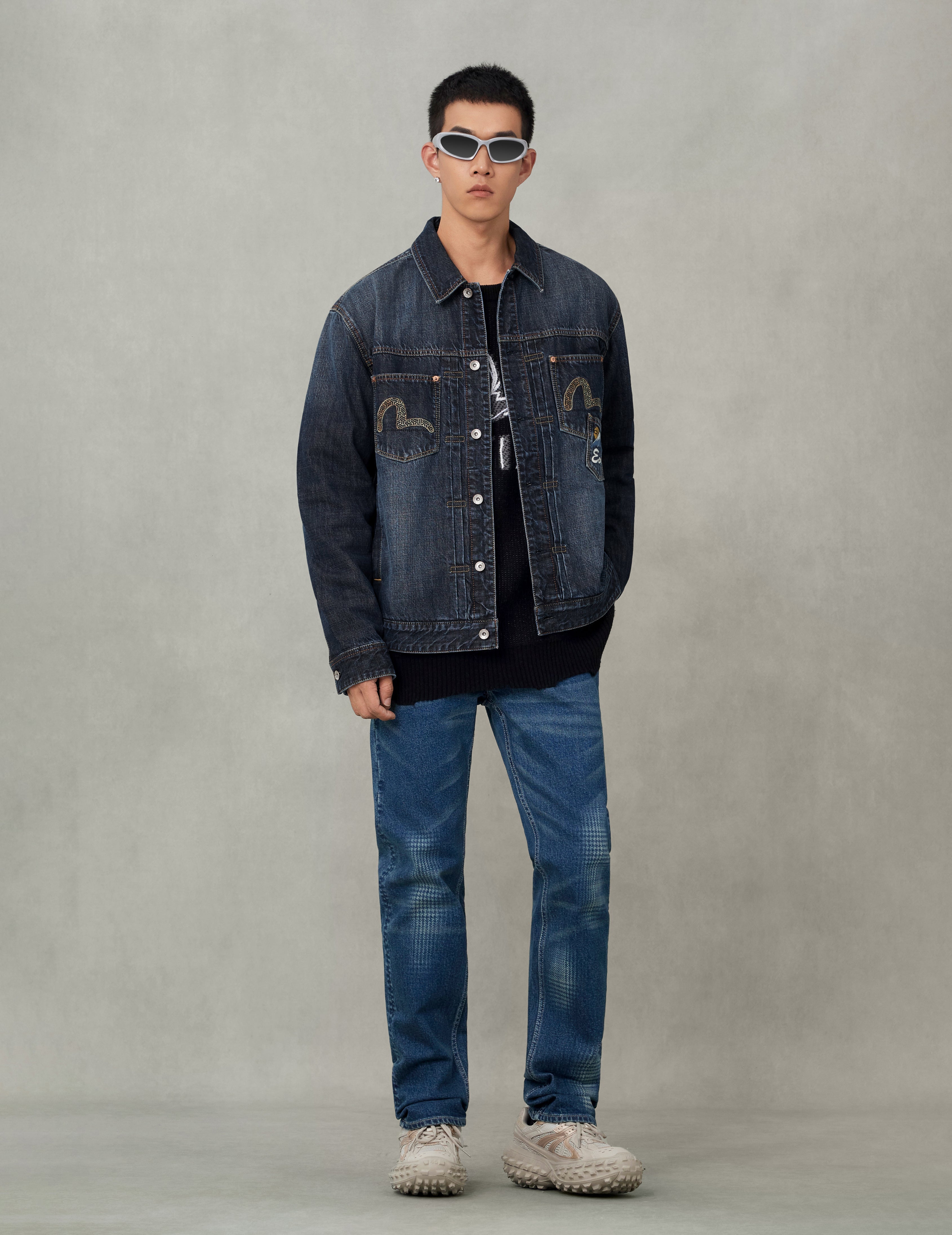 Washed Multi-Pocket with Lion Dance Print Relax Fit Denim Jacket