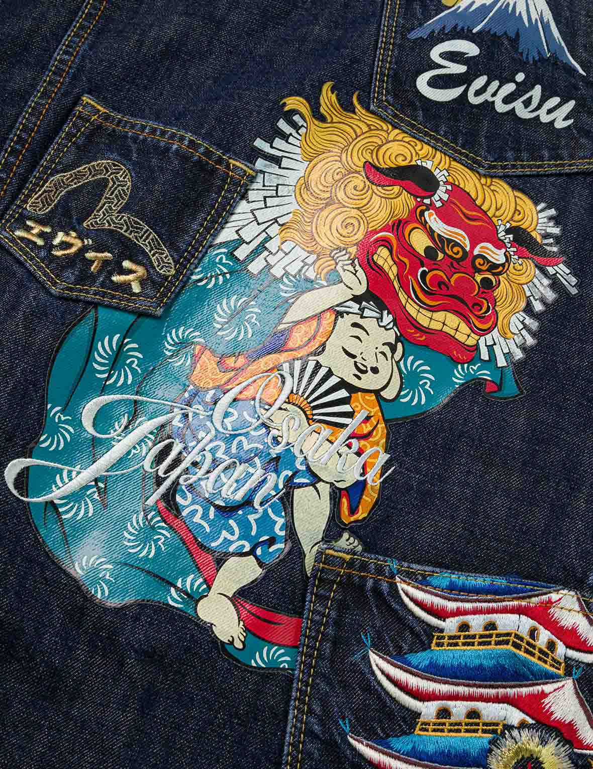 ウォッシュドマルチポケットと獅子舞プリント リラックスフィット デニムジャケット