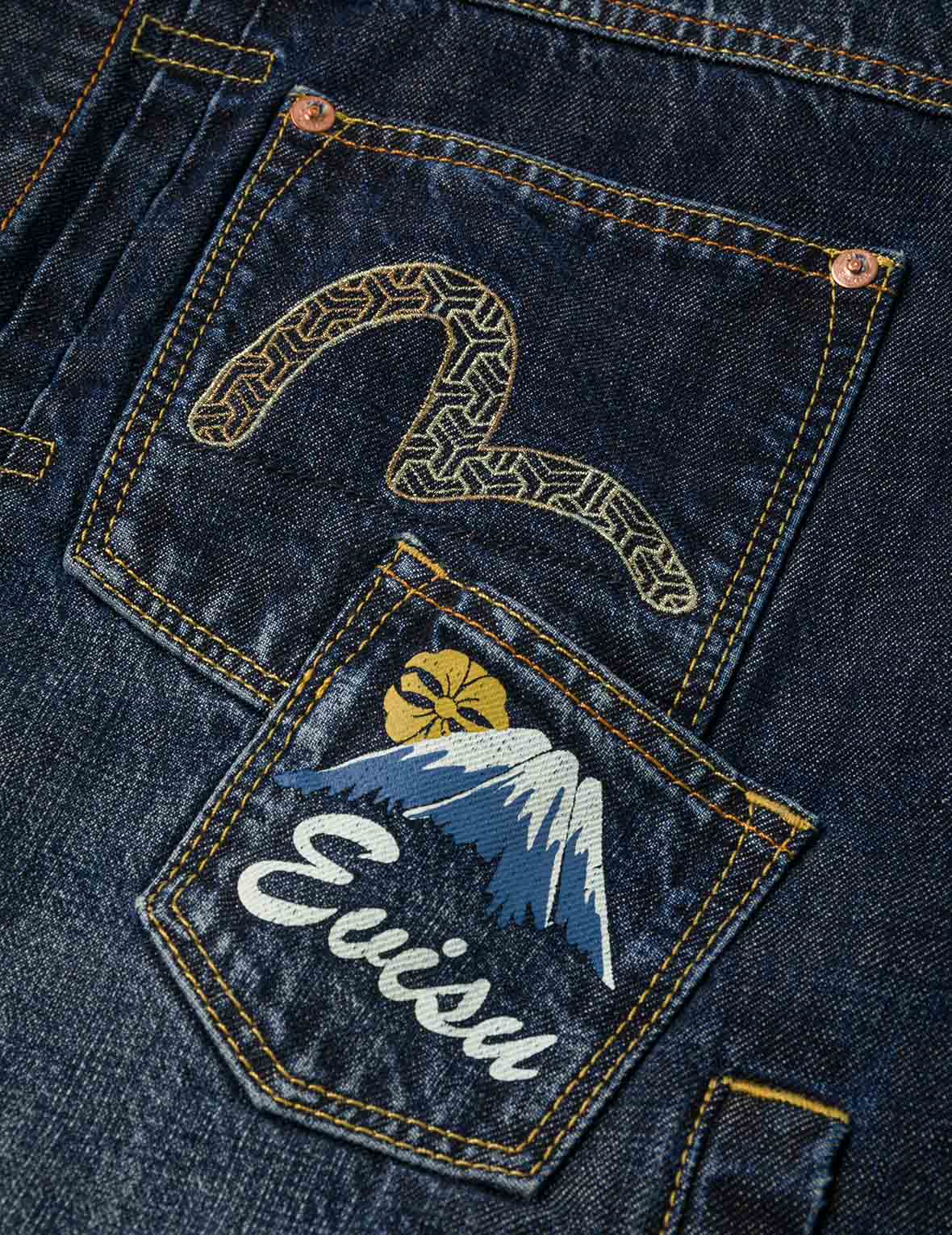 ウォッシュドマルチポケットと獅子舞プリント リラックスフィット デニムジャケット